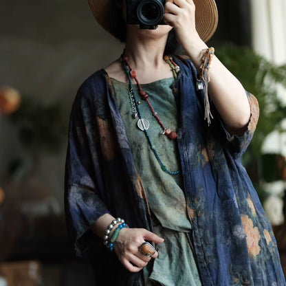 Vintage Blue Garden Cotton Long Shirt
