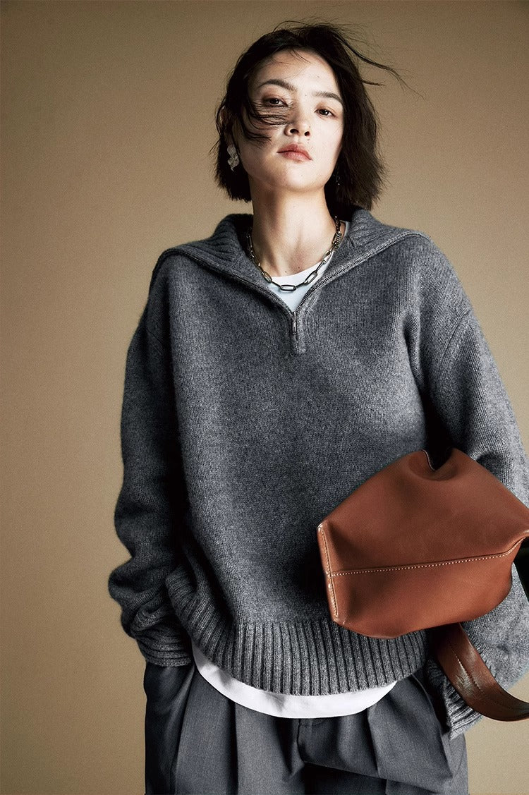 Suéter de punto de lana con cremallera para mujer: jersey de cuello con media cremallera y mezcla de lana al 80 % | Colección COANDMI