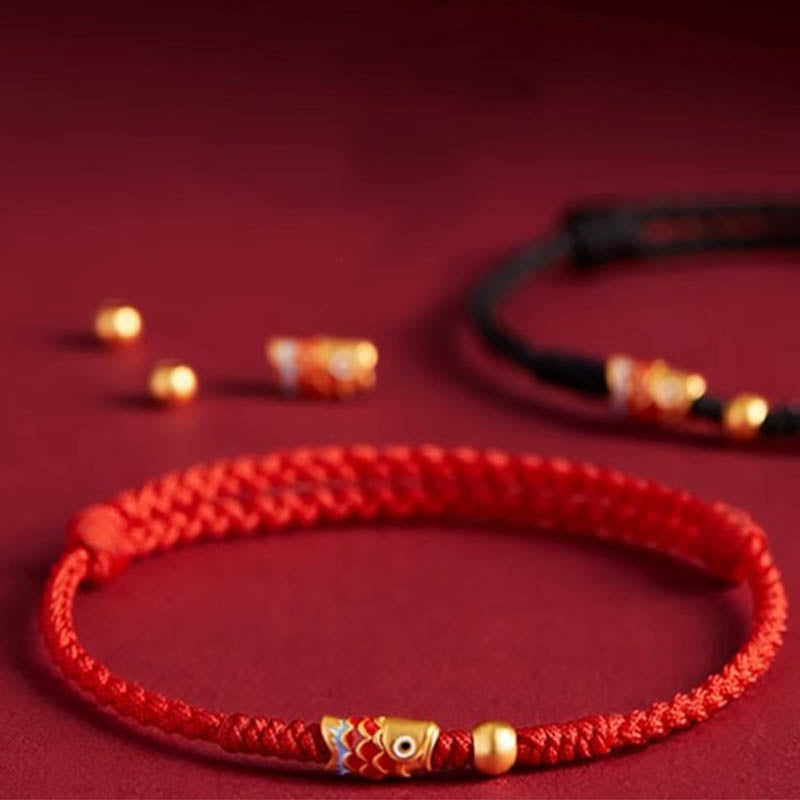 Sterling Silver Koi Bracelet with Red String - Symbol of Luck