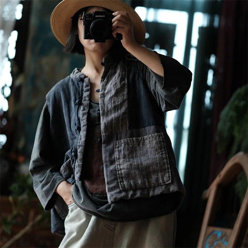 Chaleco de lino y algodón a rayas estilo bohemio