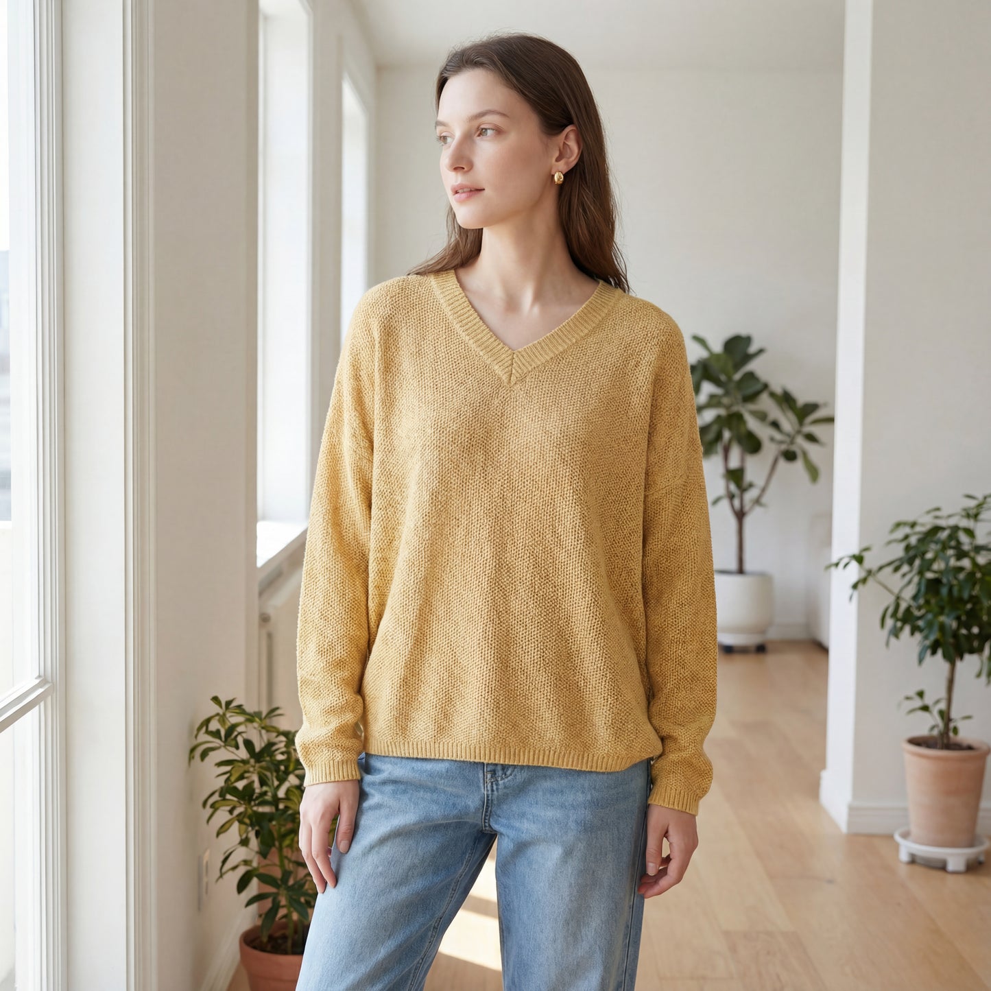 Suéter de punto vintage informal con cuello en V y gran tamaño en mezcla de algodón