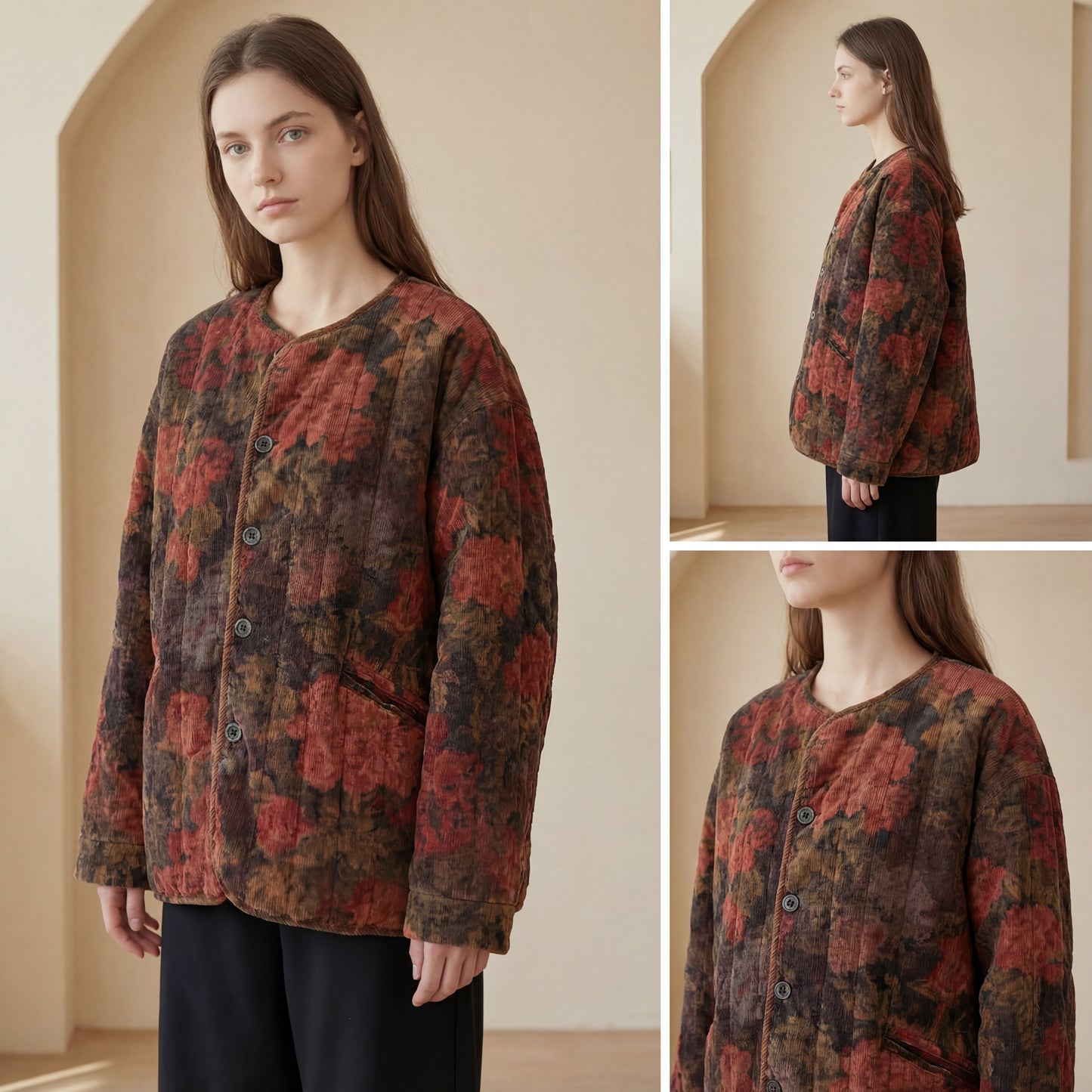 Chaqueta de pana acolchada con estampado floral vintage: abrigo de invierno holgado para mujer