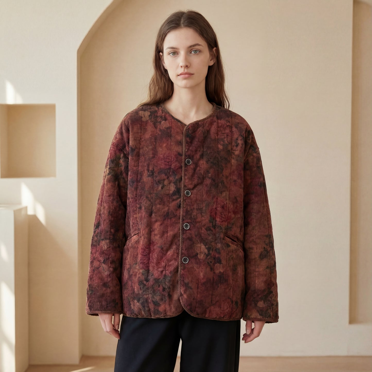 Chaqueta de pana acolchada con estampado floral vintage: abrigo de invierno holgado para mujer