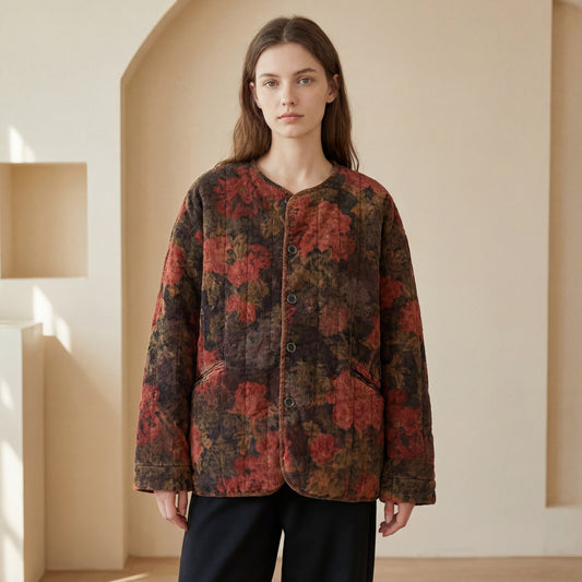 Chaqueta de pana acolchada con estampado floral vintage: abrigo de invierno holgado para mujer