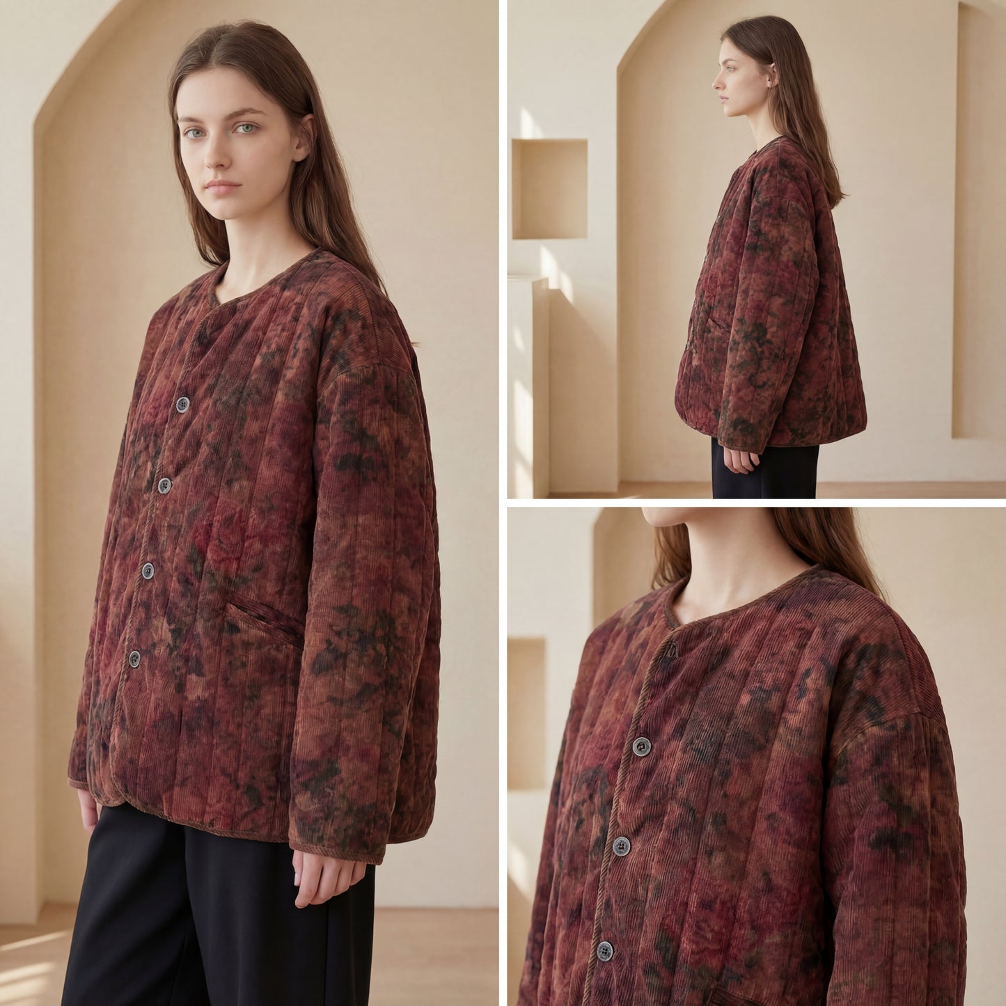 Chaqueta de pana acolchada con estampado floral vintage: abrigo de invierno holgado para mujer