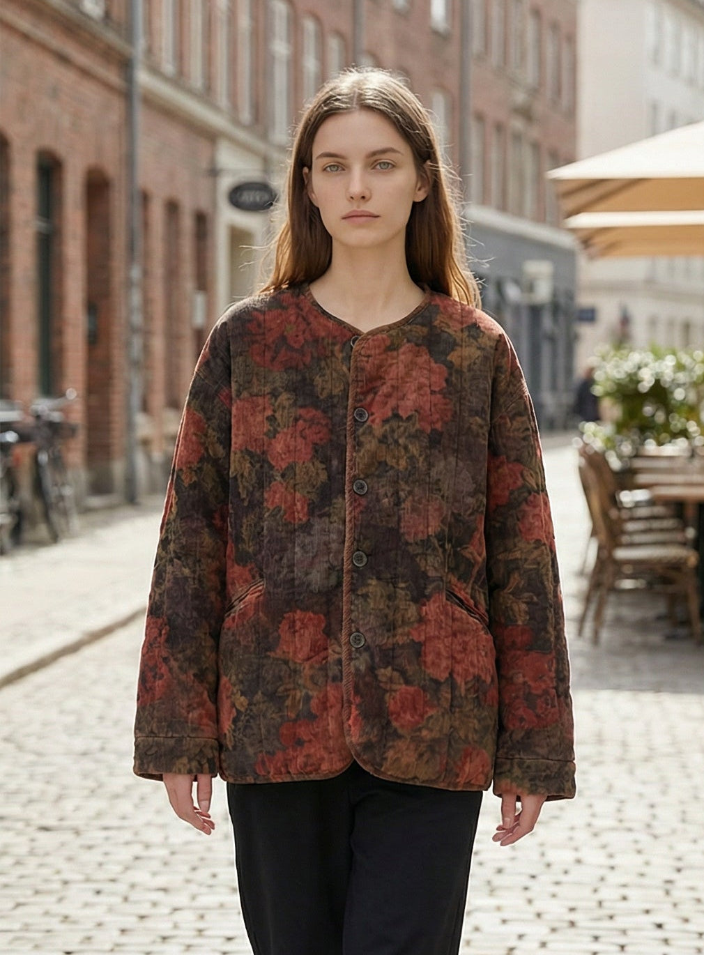 Chaqueta de pana acolchada con estampado floral vintage: abrigo de invierno holgado para mujer