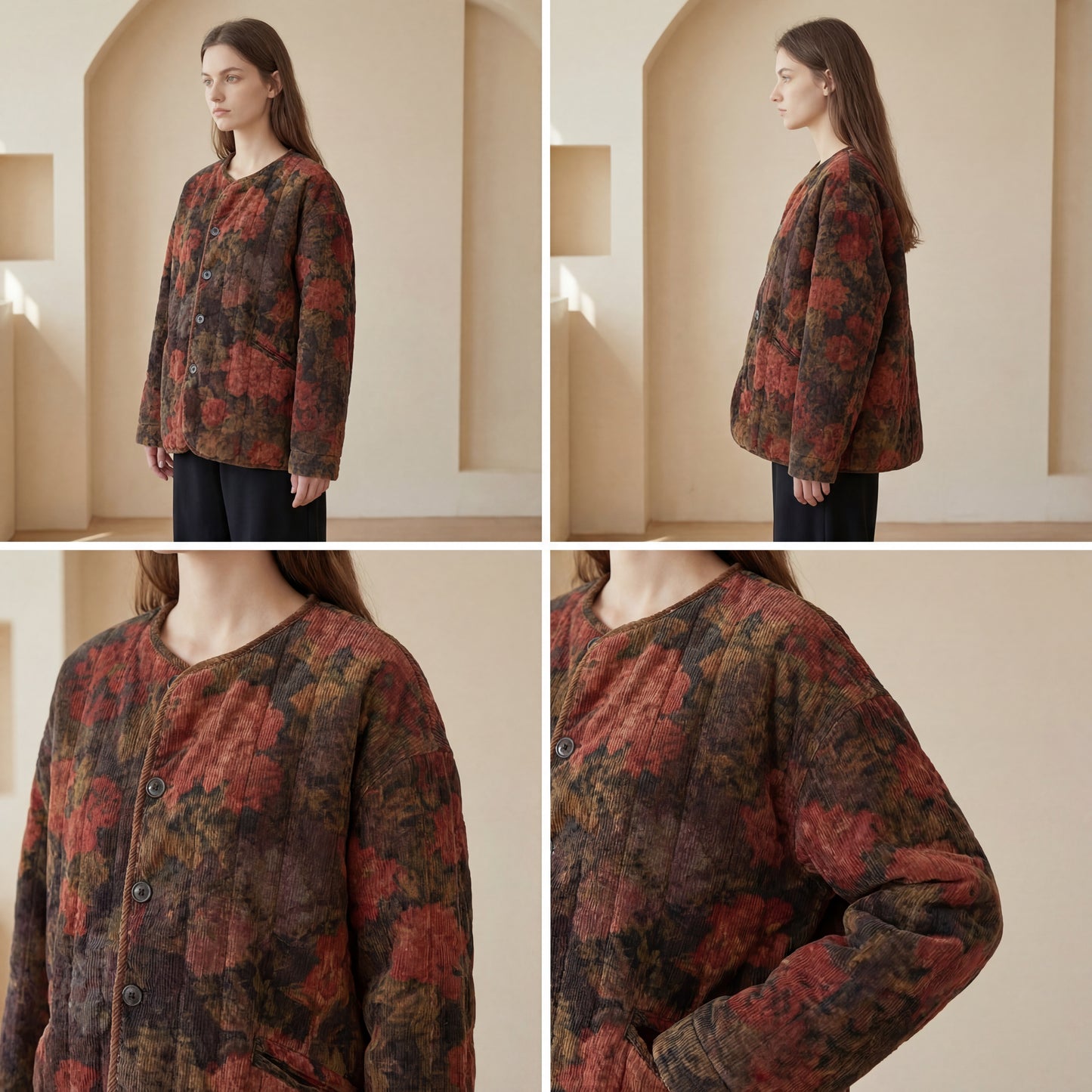 Chaqueta de pana acolchada con estampado floral vintage: abrigo de invierno holgado para mujer