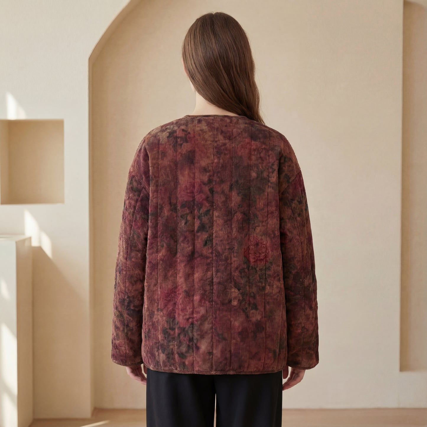 Chaqueta de pana acolchada con estampado floral vintage: abrigo de invierno holgado para mujer