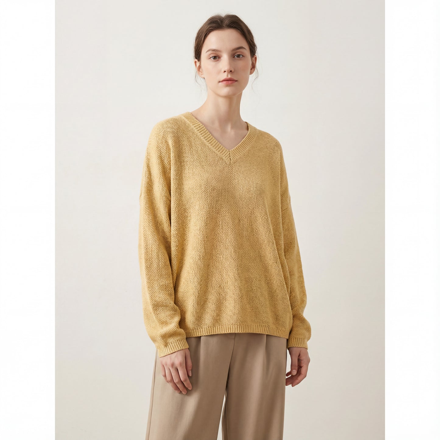 Suéter de punto vintage informal con cuello en V y gran tamaño en mezcla de algodón