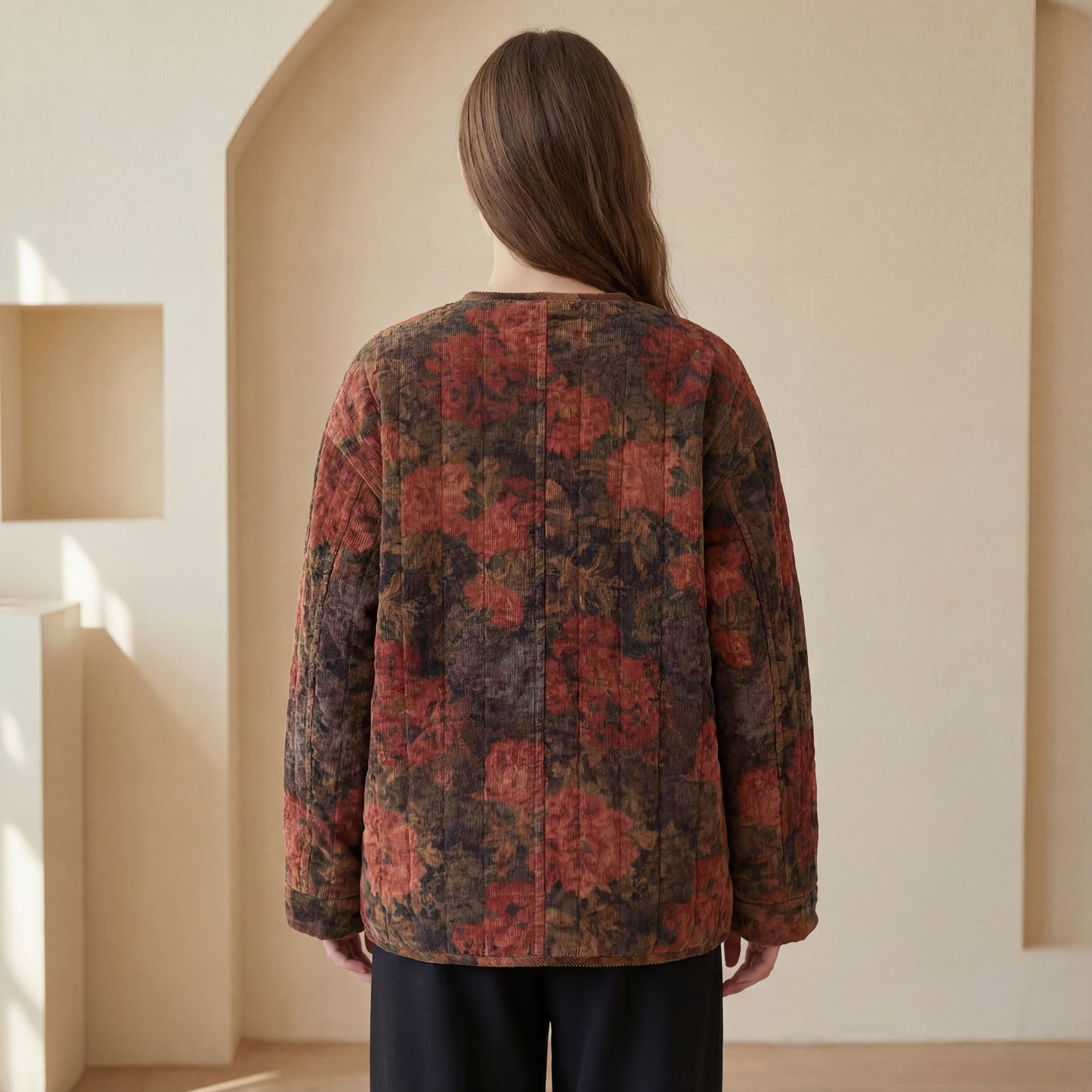 Chaqueta de pana acolchada con estampado floral vintage: abrigo de invierno holgado para mujer