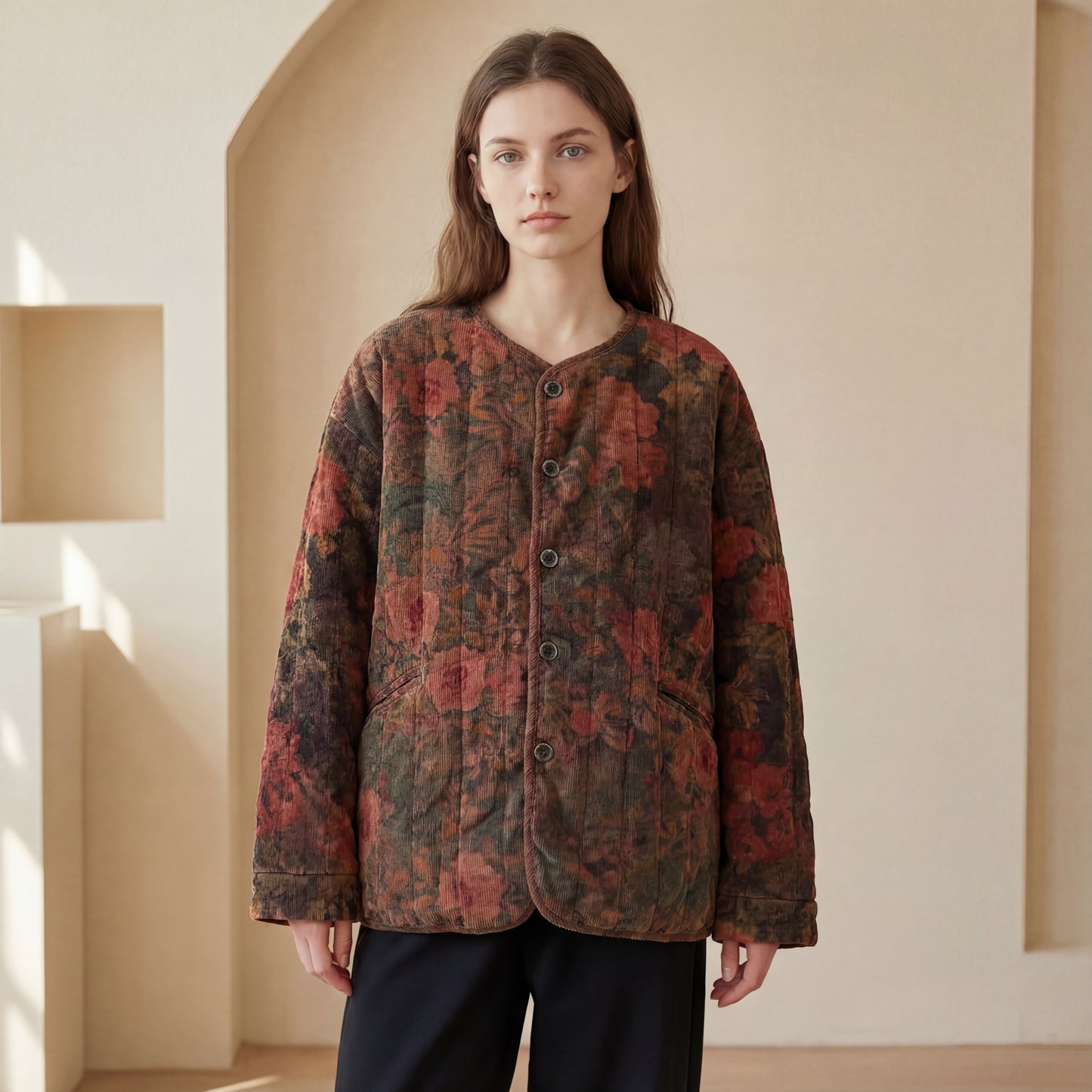 Chaqueta de pana acolchada con estampado floral vintage: abrigo de invierno holgado para mujer