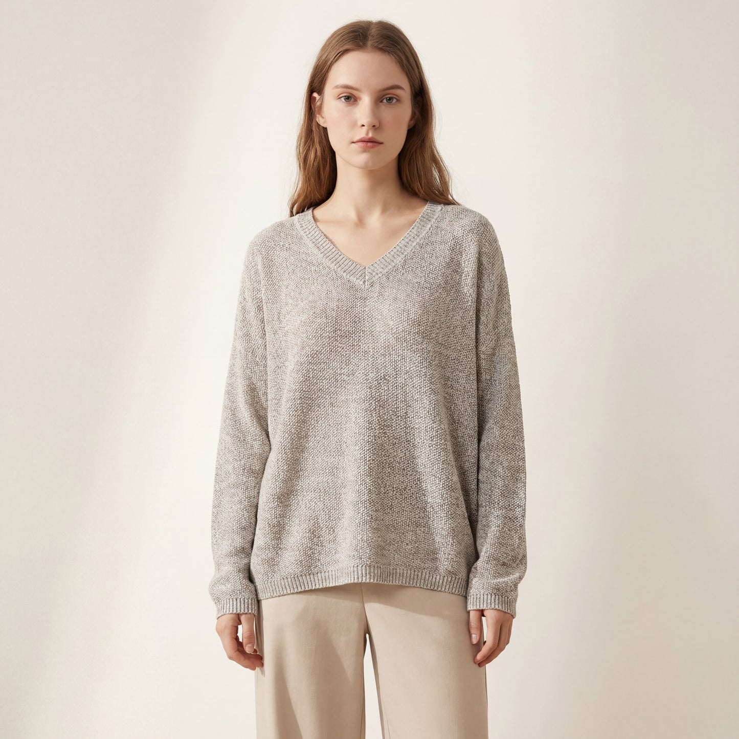 Suéter de punto vintage informal con cuello en V y gran tamaño en mezcla de algodón