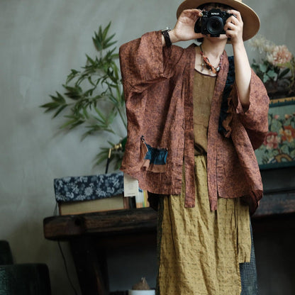 Floral Linen Open Front Kimono