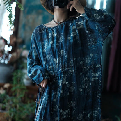 Indigo Nocturne Floral Linen Kaftan Dress – relaxed silhouette