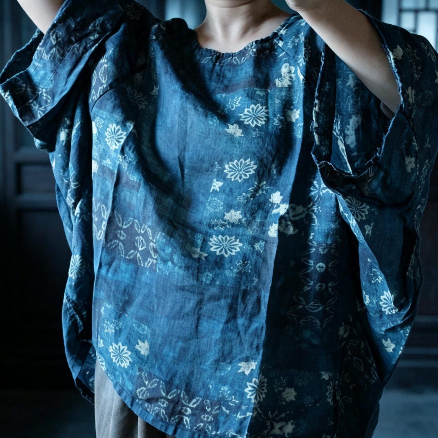 Indigo Reverie Floral Ramie Blouse – full silhouette