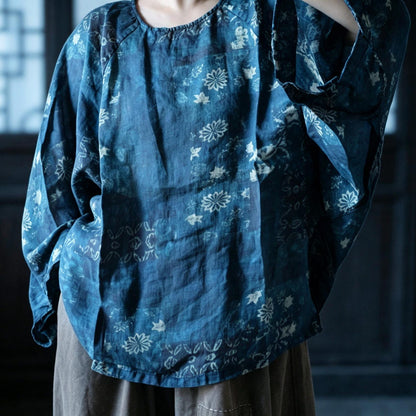 Indigo Reverie Floral Ramie Blouse – relaxed silhouette