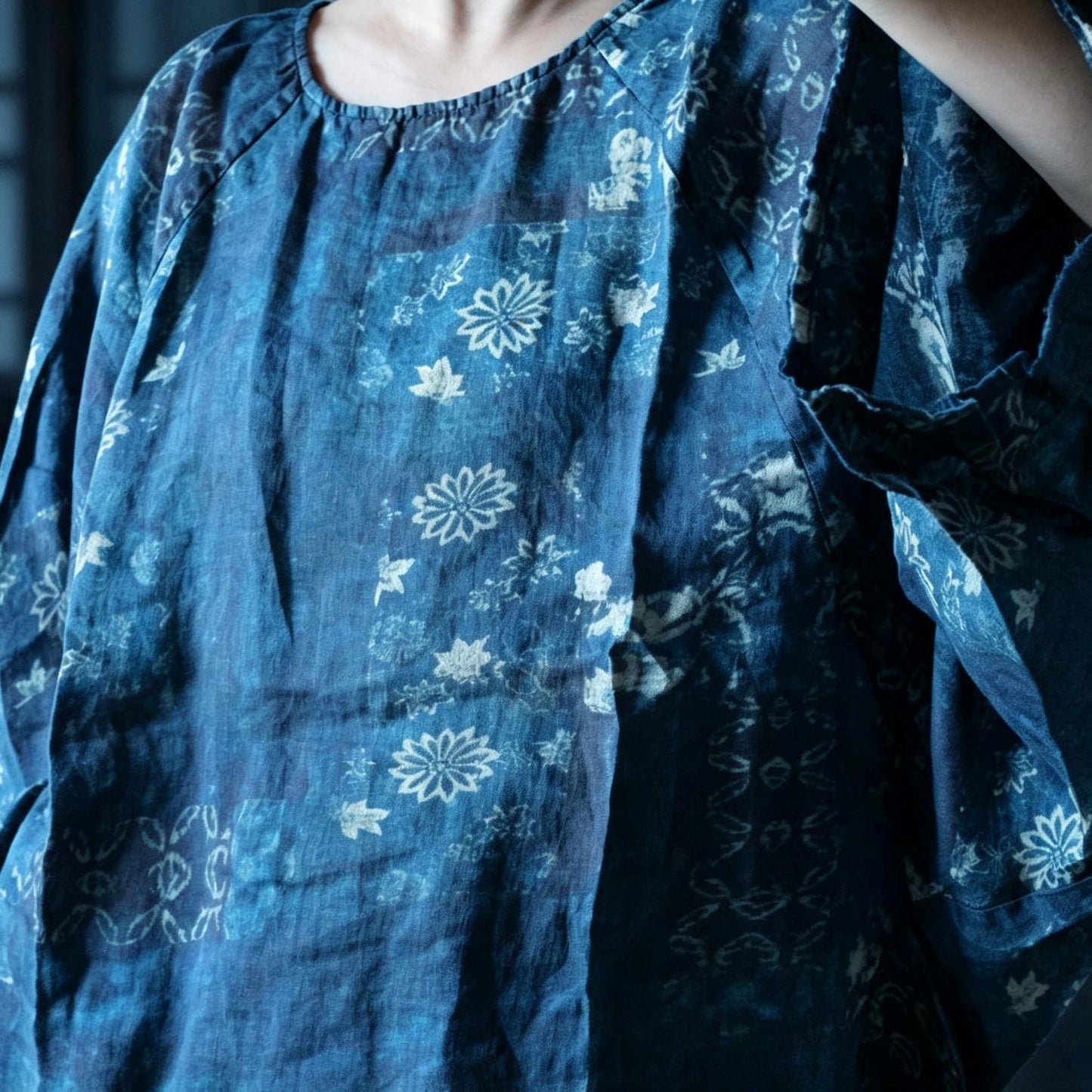 Indigo Reverie Floral Ramie Blouse – draped view