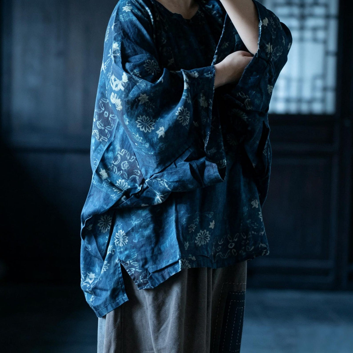 Indigo Reverie Floral Ramie Blouse – styled view