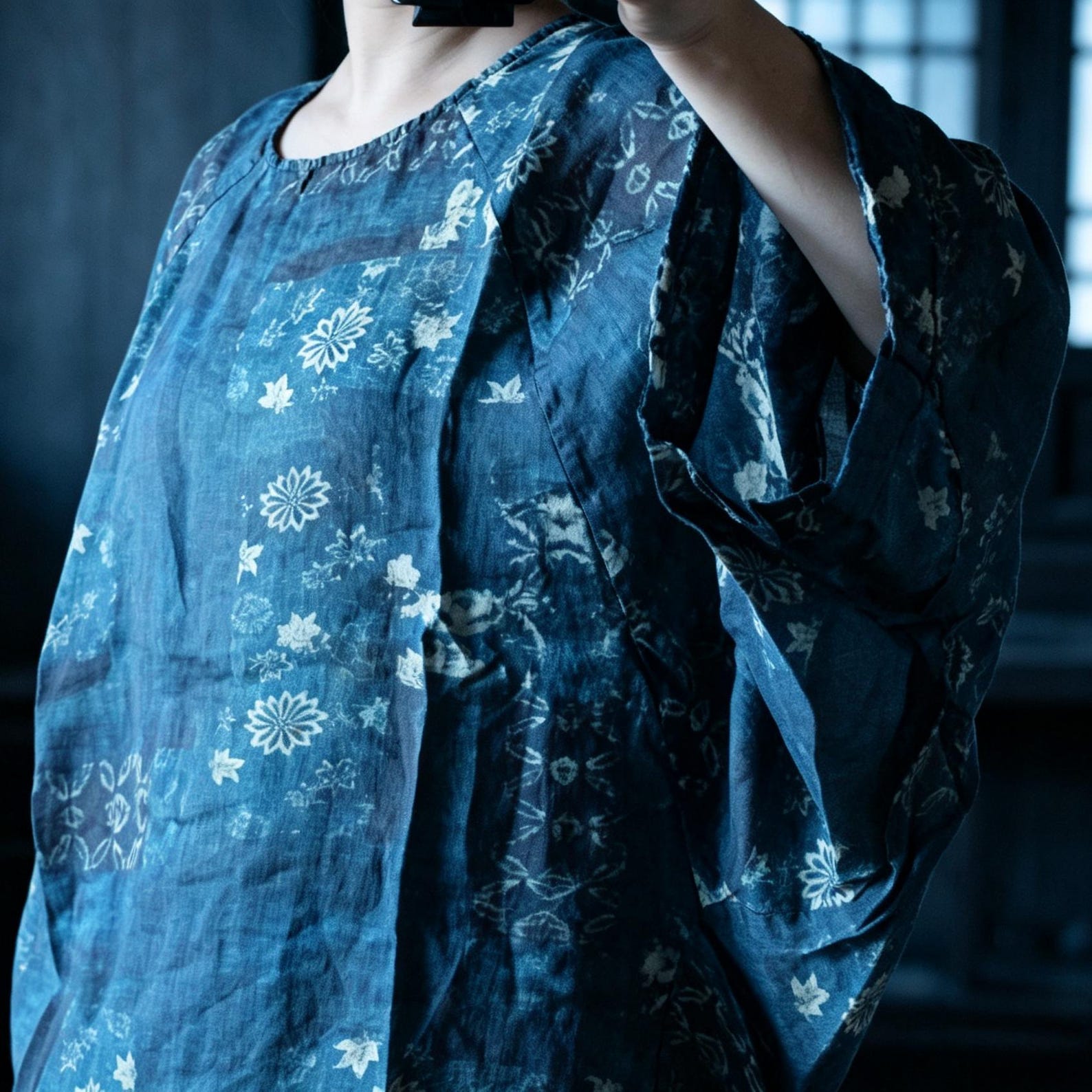 Indigo Reverie Floral Ramie Blouse – side view