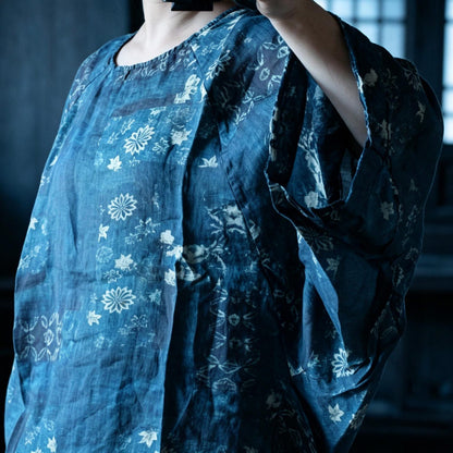 Indigo Reverie Floral Ramie Blouse – side view