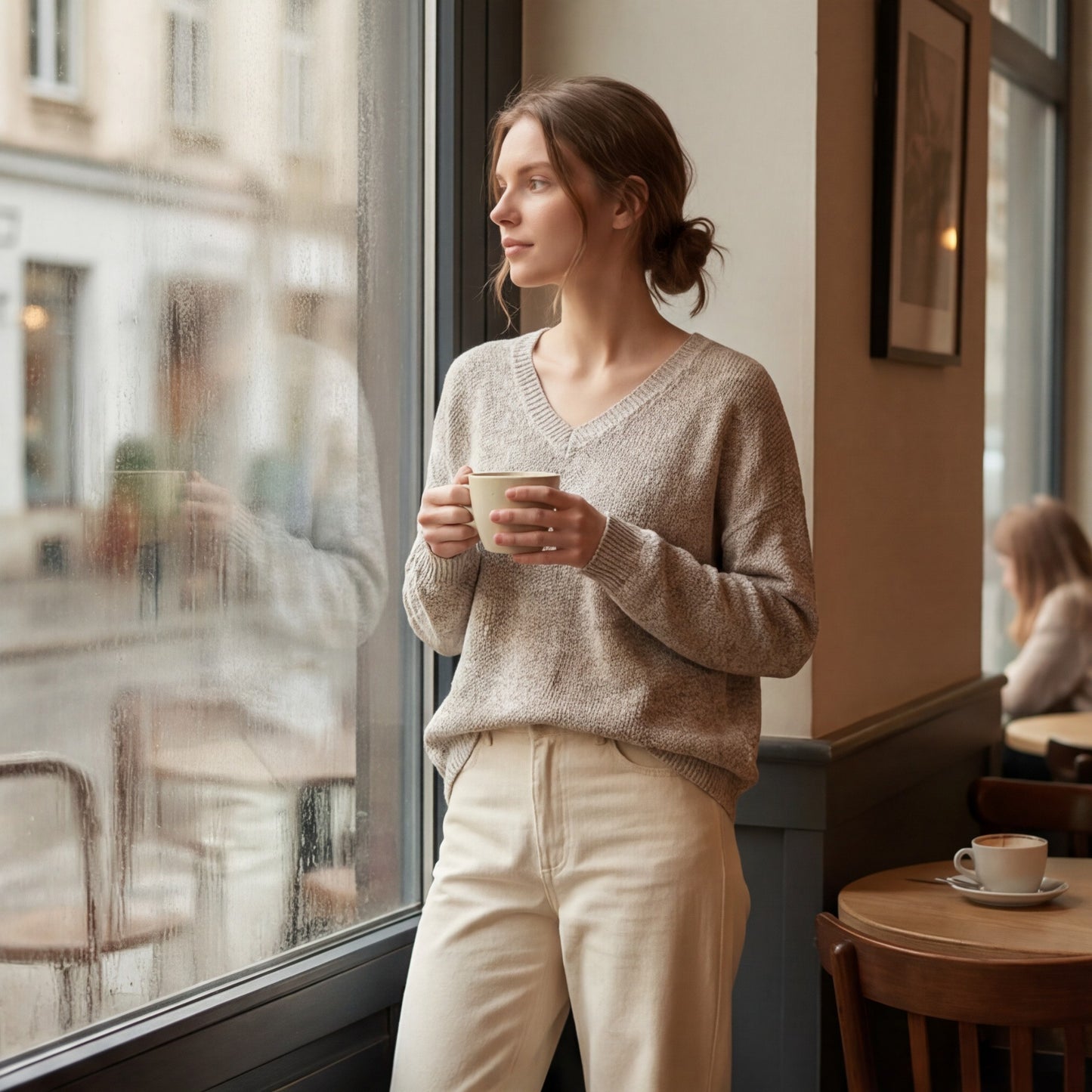 Suéter de punto vintage informal con cuello en V y gran tamaño en mezcla de algodón